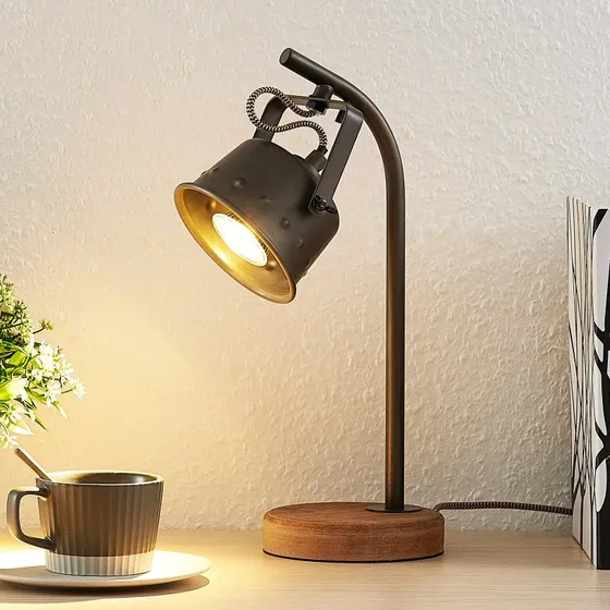 Lindby Rubinjo Tafellamp - Hout & Metaal - Zwart/Donker Hout