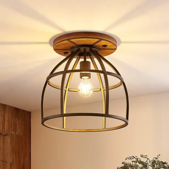 Lindby Rutger Plafondlamp - Hout & Zwart - Ø 34 cm