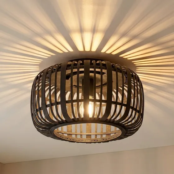 Lindby Canyana Plafondlamp - Zwart Rotan - Ø 40 cm