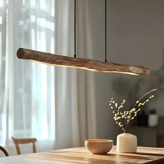 Lindby Nekala LED hanglamp - Zwart & Eucalyptushout - 120 cm