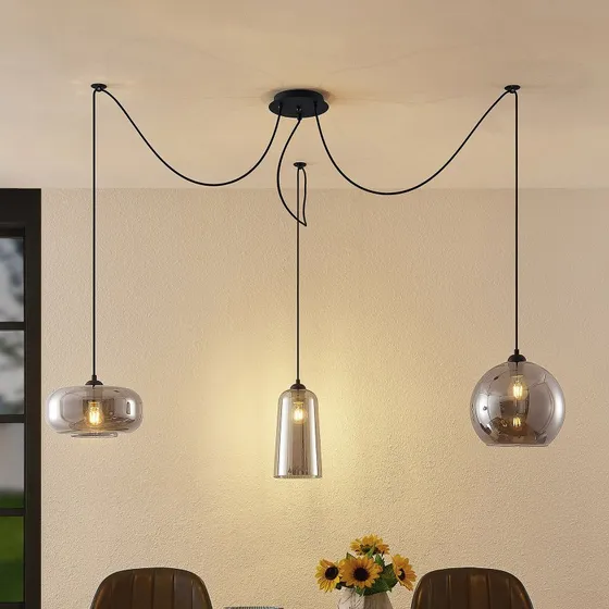 Lucande Zyli Hanglamp - 3-lampig - Rookgrijs Glas - Vintage