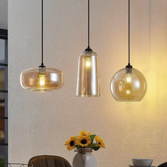 Lucande Hanglamp Wilja Amber Glas - 3-lamps - 111 cm