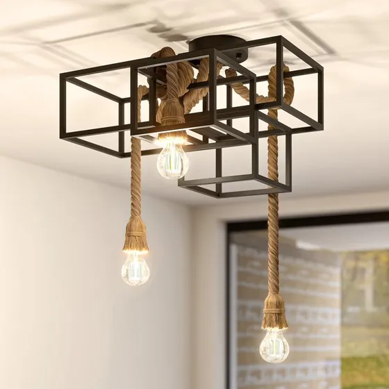 Lucande Plafondlamp Andrik, 44 cm, Zwart, 3-lamps, Metaal & Hespen