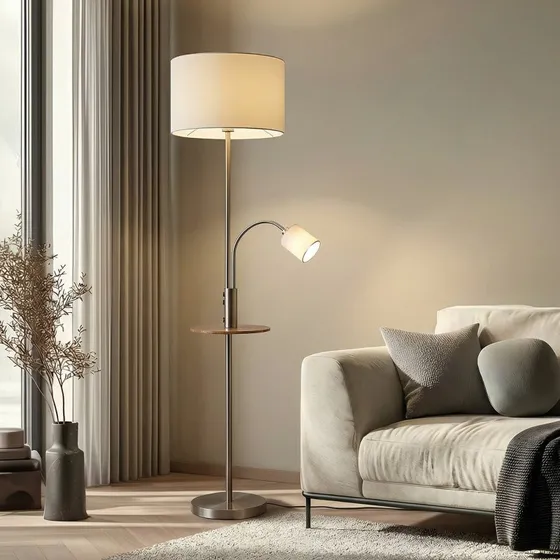 Lindby Vloerlamp Aovan - Nikkel - Met USB & Opbergvak