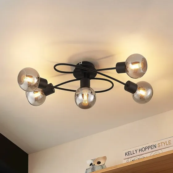 Lindby Plafondlamp Elaina, 66 cm, 5-lampen, Zwart/Rookglas