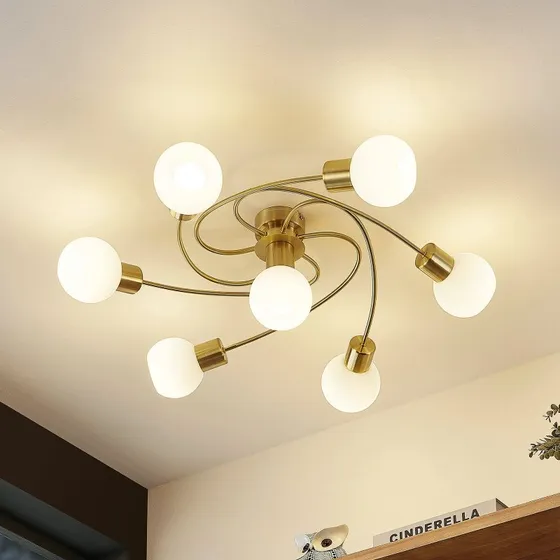 Lindby Ciala Plafondlamp - Messing/Opaalglas - 7-Lichtbronnen