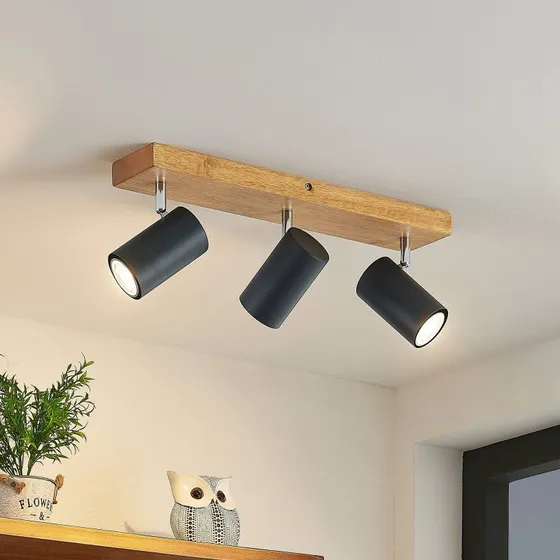 Lindby Maniva Plafondspot 44cm - 3-lampig - Zwart/Hout