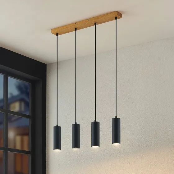 Maniva Lindby Hanglamp - Zwart/Hout - 4-lampen - 60 cm