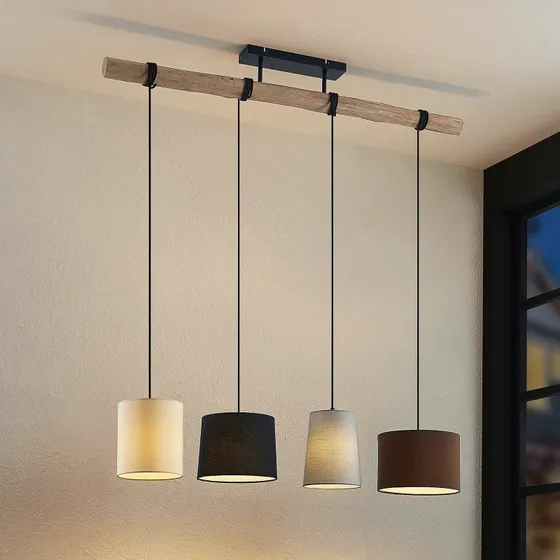 Lindby Amilia Hanglamp - 4-lampig - Hout & Textiel - Grijs/Beige
