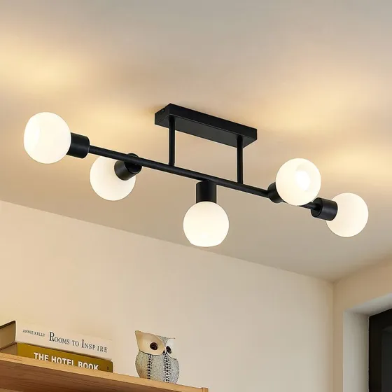 Lindby Biscala Plafondlamp - Zwart - 5x Opaalwit Glas