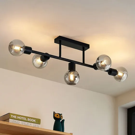 Lindby Biscala Plafondlamp - Zwart met Rookglas - 5 Lampen