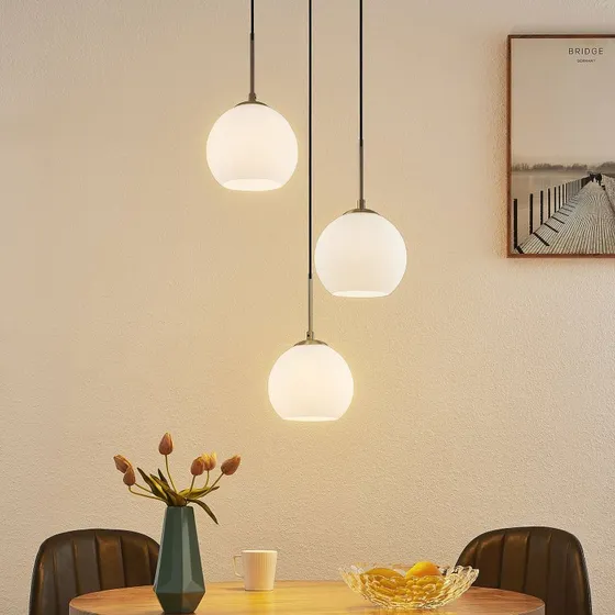 Lindby Jurian Hanglamp - 3-lamps - Nikkel & Opaalglas - Ø 32 cm