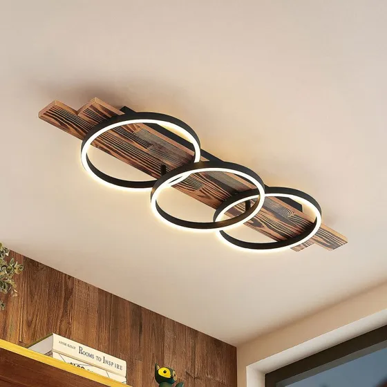 Lindby Sentoa LED Plafondlamp - Hout & Zwart - 100 cm