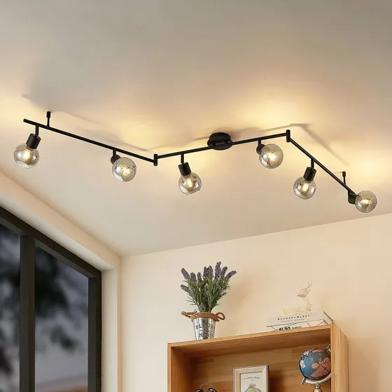 Lindby Eridia plafondspot zwart, 6-lamps, rookglas, dimbaar