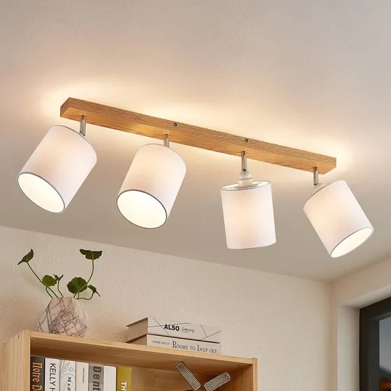 Lindby Imarin Plafondspot - 81 cm - Wit & Eikenhout - 4-lamps