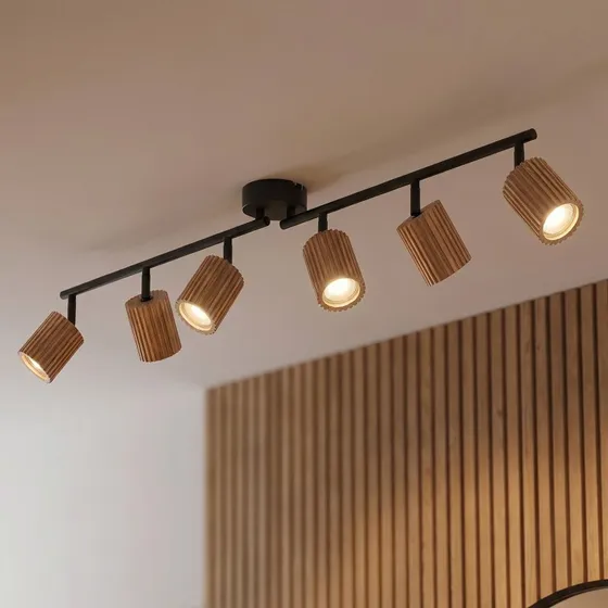 Lindby plafondspot Stralino, 6-lamps, 102 cm, hout & zwart