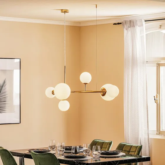 ALDEX Hanglamp Dione, 6-lamps, goud/messing, opaalglas