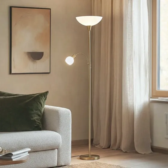 Lindby Elaina Vloerlamp Messing/Wit - Met Leeslampje - 183cm