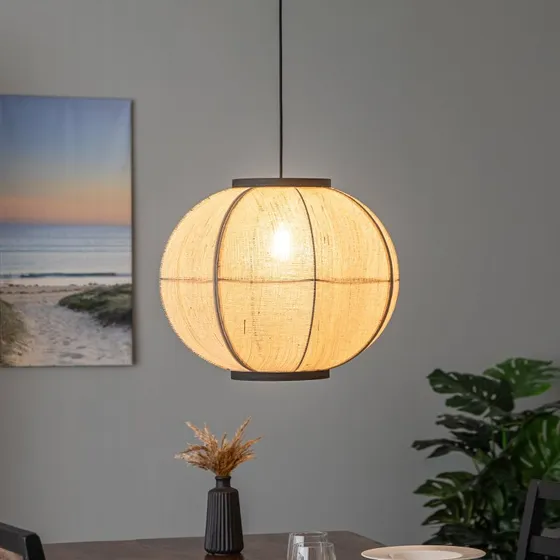 Lindby Hanglamp Aurinil - Linnen - Houtkleur - Ø 48 cm