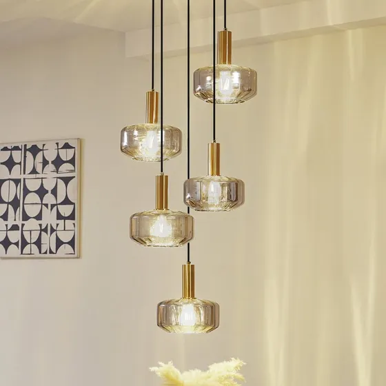Lindby Hildur Hanglamp - Rookgrijs Glas & Messing - 5-lampen