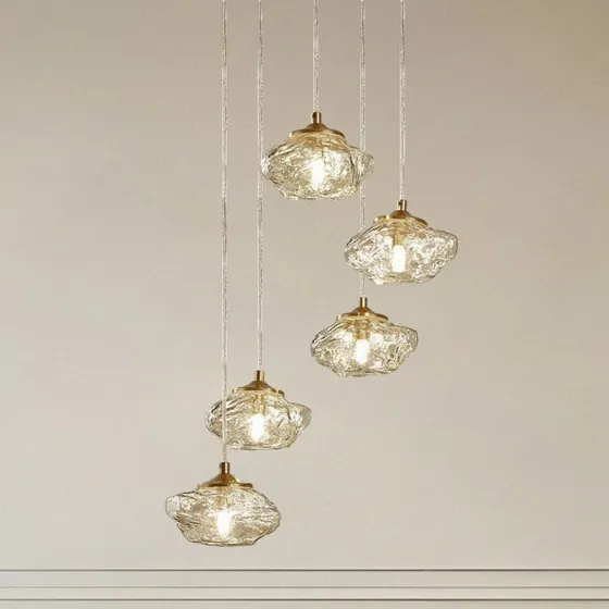 Lindby Hanglamp Piatra, 5-lampig, Amber/Messing, Ø45cm