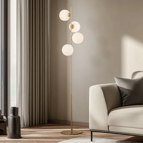 Lucande Isandro Vloerlamp - Opaal/Goud - 4-lamps - Glas/Metaal