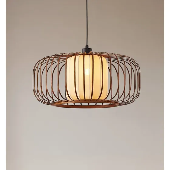 Lindby Hanglamp Davella - Bamboe & Textiel - Ø 50 cm - Donker Hout