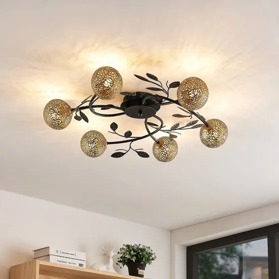 Lucande Evory Plafondlamp - Zwart/Goud - Ø 69 cm - 6-lamps