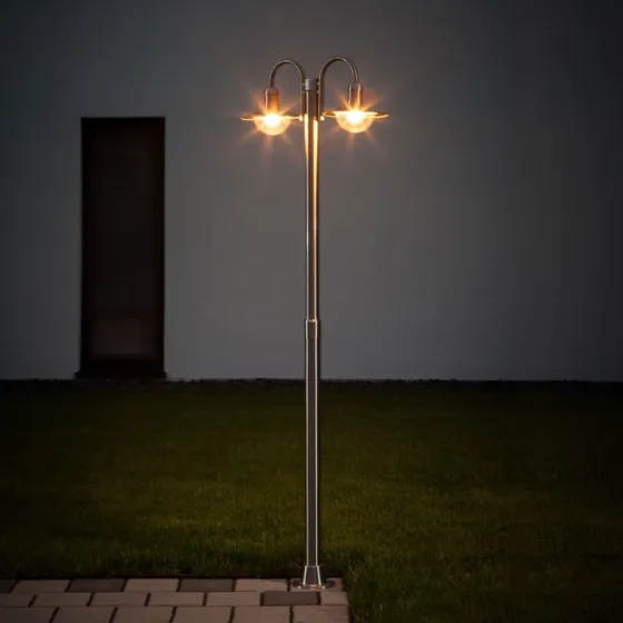 Lindby Damion Lantaarnpaal, 200 cm, 2-lamps, E27, RVS, IP44