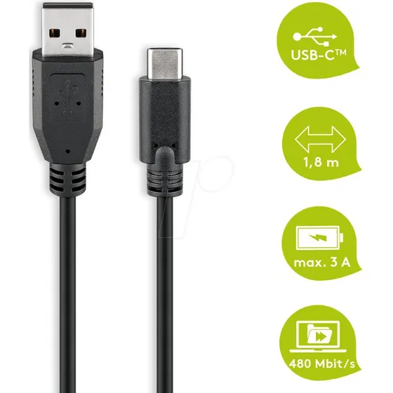 Goobay USB 2.0 Kabel USB-C naar USB-A, Zwart, 2,0 m
