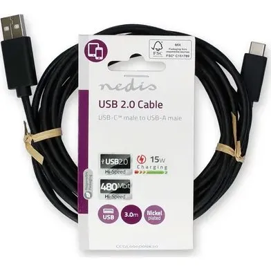 Nedis USB-A naar USB-C Kabel 3m, Zwart, 15W