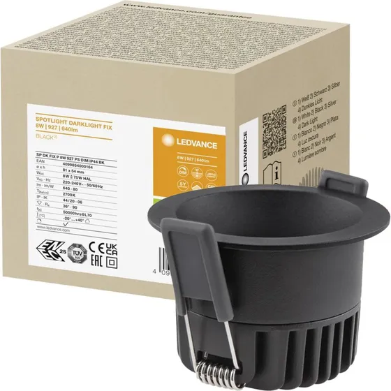 LEDVANCE Darklight Inbouwspot 8W Zwart 3000K IP44 Dimbaar