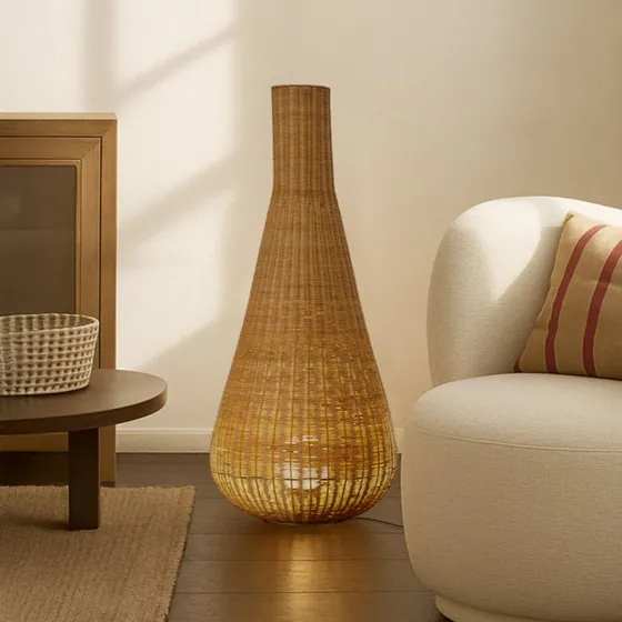 Lucande Vloerlamp Takeo - Rotan & Zwart IJzer - 115 cm