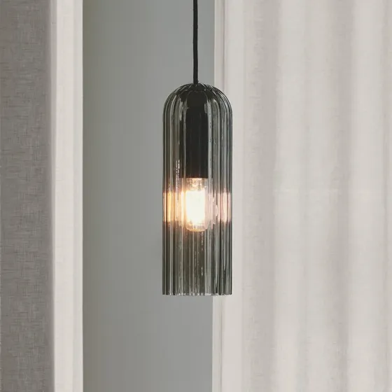 Nordlux Miella Hanglamp - Geribbeld Glas - Rookgrijs/Zwart