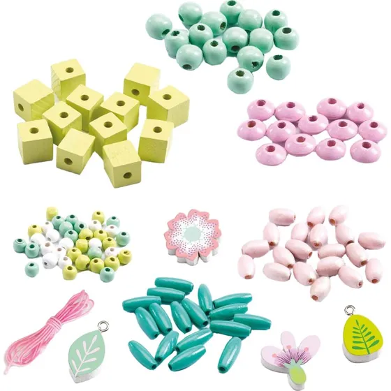 DJECO Houten Kralen Bloemen & Bladeren, 450 stuks