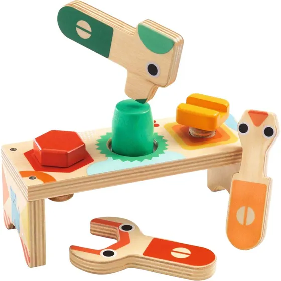 Djeco Houten Werkbankje met Schroeven - Mini Werkbank voor Kinderen vanaf 18 maanden