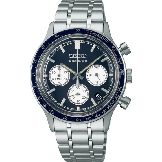 Seiko SSB477P1 chronograaf 39 mm  zilver met blauwe wijzerplaat