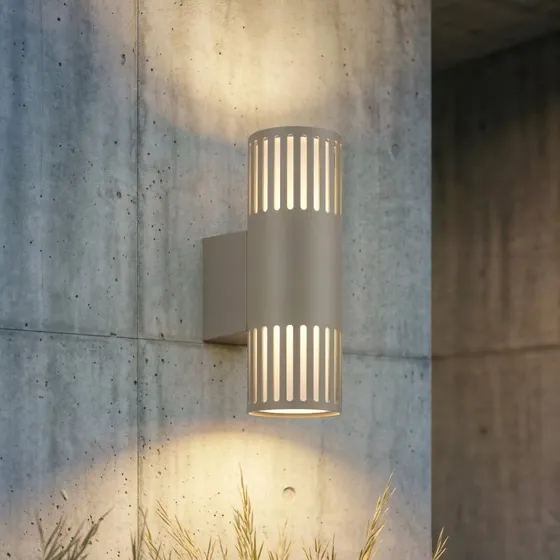 Lindby buitenwandlamp Lurinda, 2-lamps, steengrijs, Ø 10 cm, IP44
