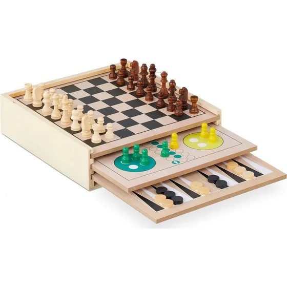 Houten Spellendoos met 7 Bordspellen  Familie Speelplezier