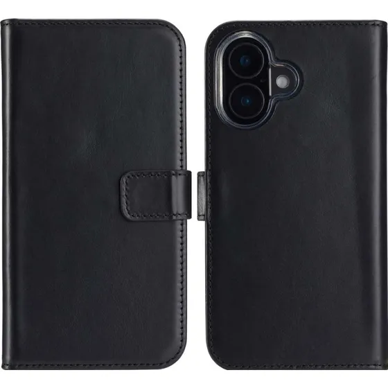 Selencia Echt Leren Bookcase voor Apple iPhone 16 - Zwart