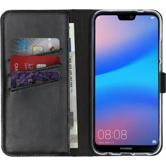 Selencia Echt Leren Bookcase voor Huawei P20 Lite - Zwart