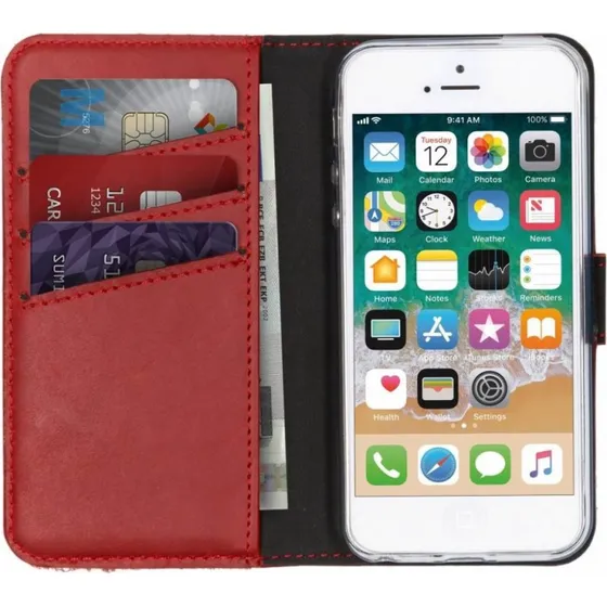 Selencia Echt Leren Bookcase voor Apple iPhone SE / 5 / 5s - Rood