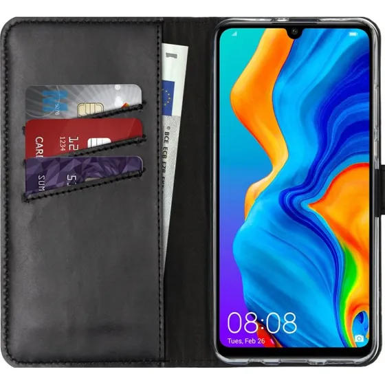 Selencia Echt Leren Bookcase voor Huawei P30 Lite - Zwart
