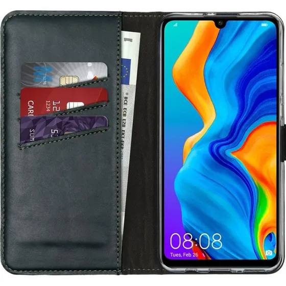 Selencia Echt Leren Bookcase voor Huawei P30 Lite - Groen