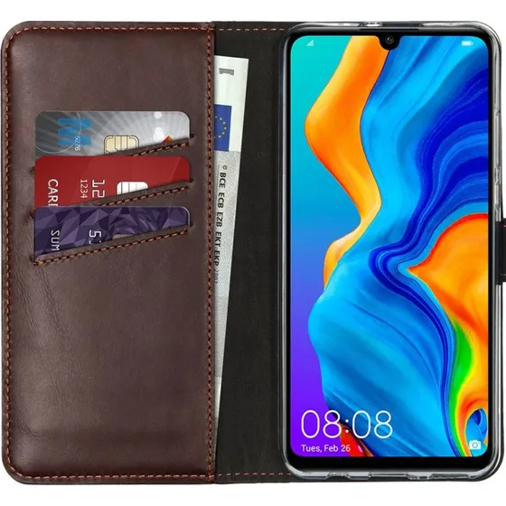 Selencia Echt Leren Bookcase voor Huawei P30 Lite - Bruin