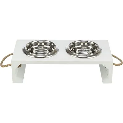 Trixie Be Nordic Voerbak Waterbak Set Hout RVS Wit 2x400 ml