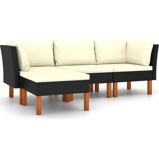 vidaXL 4-delige Loungeset Poly Rattan Zwart met Kussens