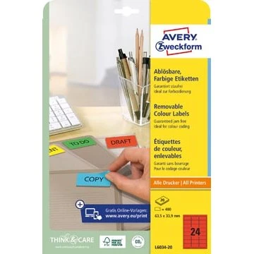Avery Gekleurde Etiketten Rood 63,5 x 33,9 mm, 480 Stuks