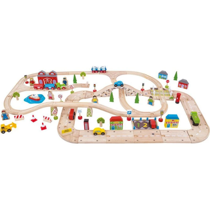 Bigjigs Houten Treinbaan en Autobaan Set (105 delen)