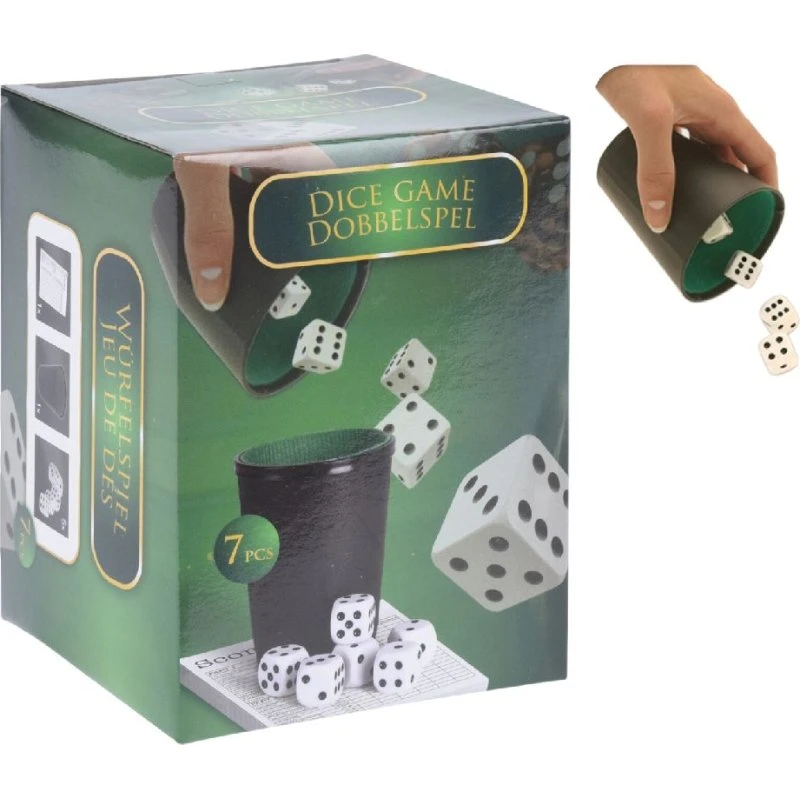 Dobbelset + Scoreblok Doos – 5 Dobbelstenen met Beker